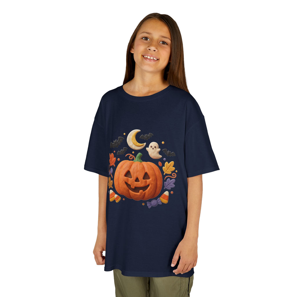 Jack-o'-Lantern Pumpkin Kids Tee | Halloween Ghosts, Bats, Moon, Autumn Leaves