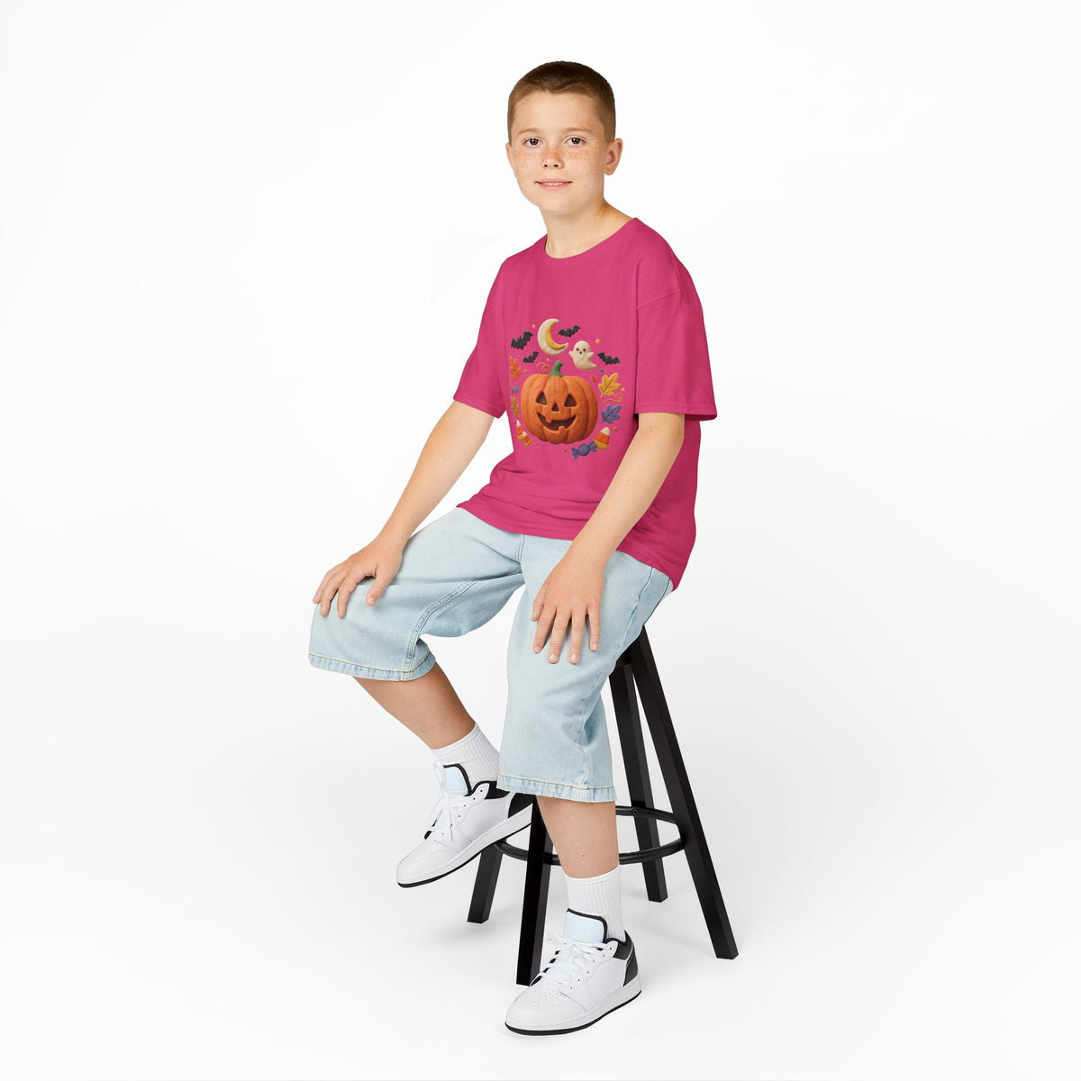 Jack-o'-Lantern Pumpkin Kids Tee | Halloween Ghosts, Bats, Moon, Autumn Leaves