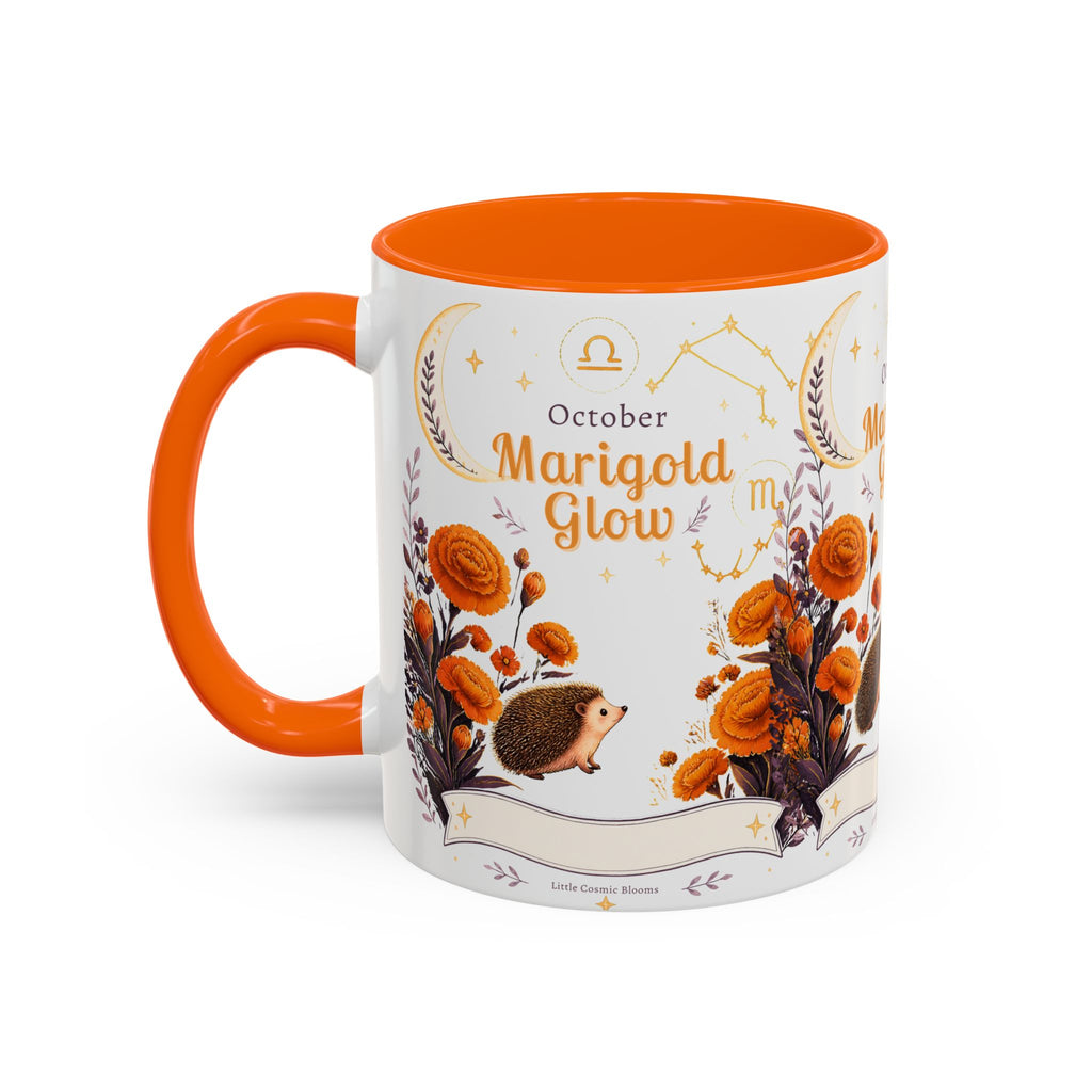 October Birth Flower Marigold Glow Accent Coffee Mug — Zodiac Libra Floral Hedgehog
