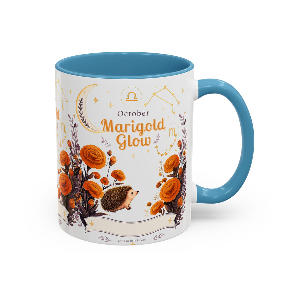 October Birth Flower Marigold Glow Accent Coffee Mug — Zodiac Libra Floral Hedgehog