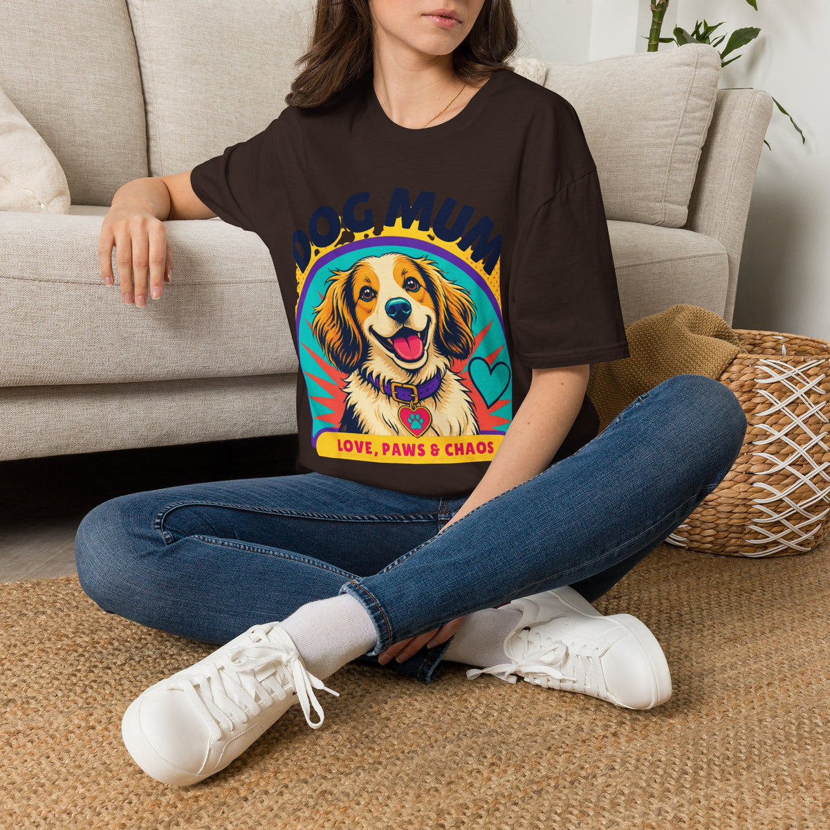 Dog Mum T-Shirt | Cute Happy Dog Illustration, Love Paws & Chaos