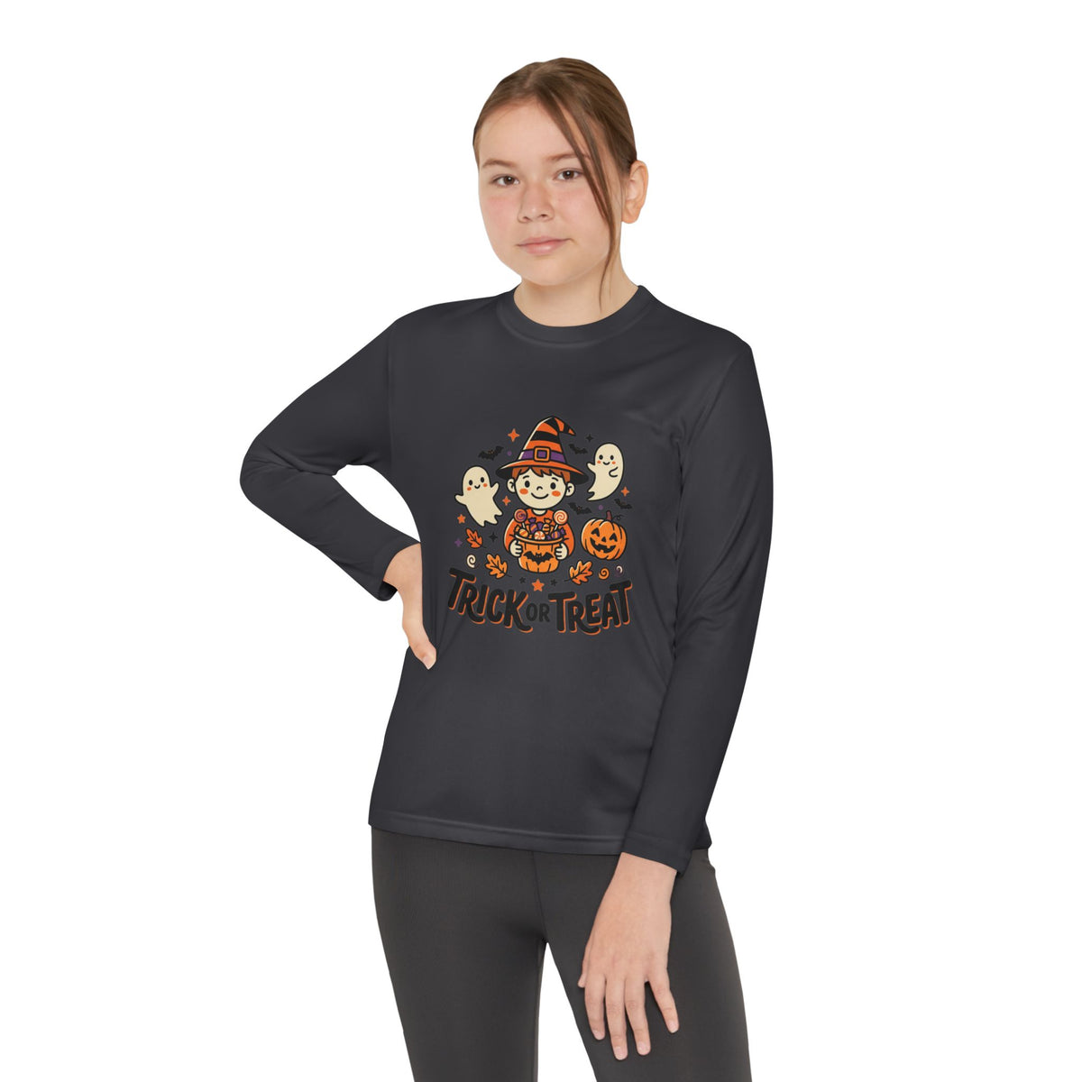 Trick or Treat Witch Kid Long Sleeve Shirt | Halloween Ghosts Pumpkins