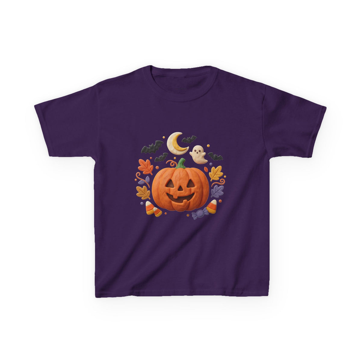 Jack-o'-Lantern Pumpkin Kids Tee | Halloween Ghosts, Bats, Moon, Autumn Leaves
