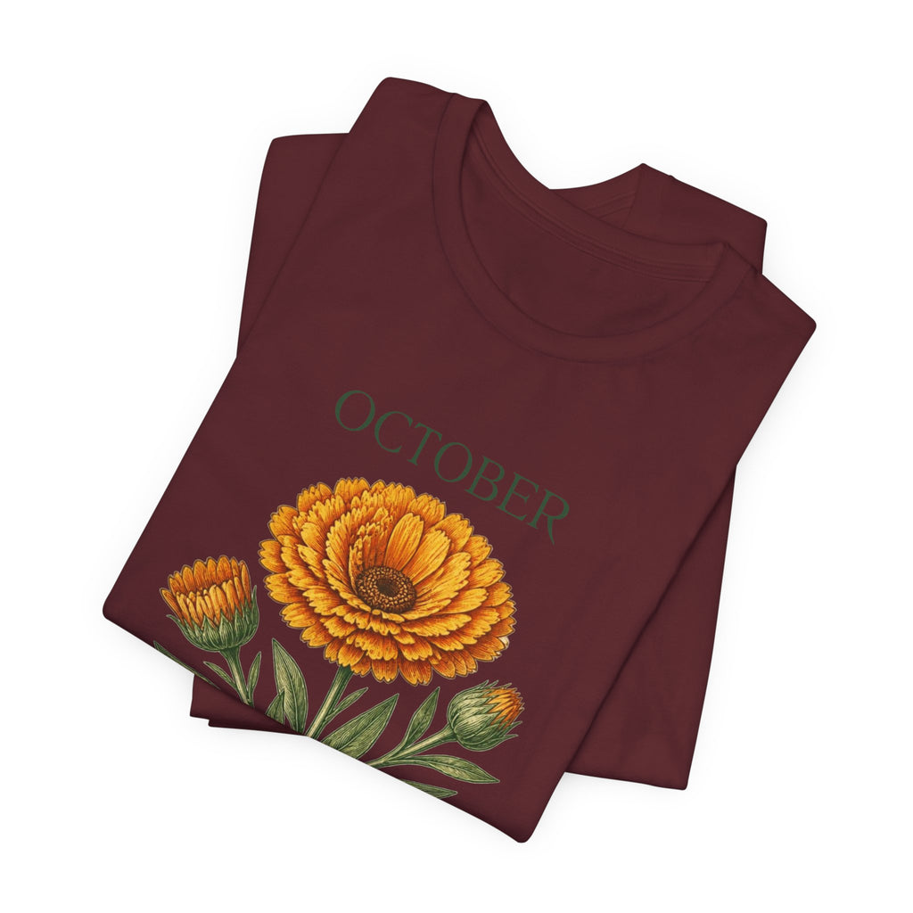 October Birth Flower Tee | Marigold & Cosmos Celestial Design | Birthday Gift