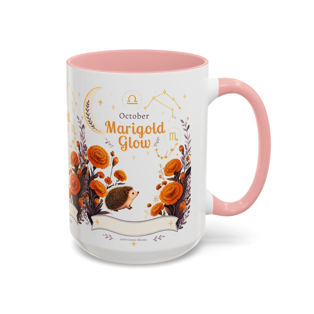 October Birth Flower Marigold Glow Accent Coffee Mug — Zodiac Libra Floral Hedgehog