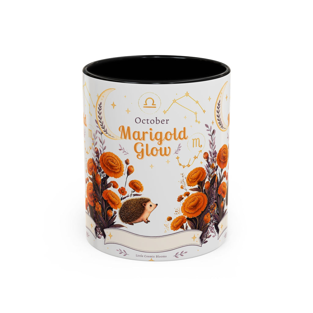October Birth Flower Marigold Glow Accent Coffee Mug — Zodiac Libra Floral Hedgehog