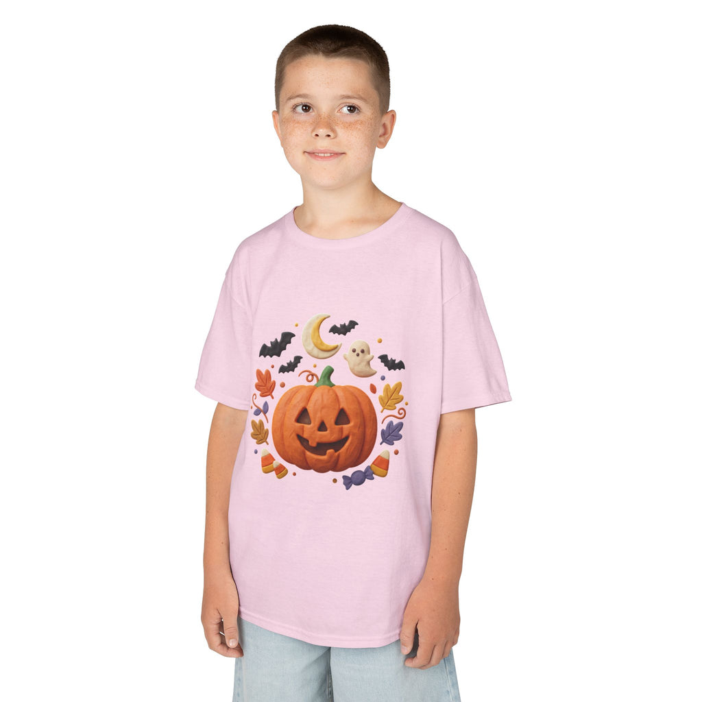 Jack-o'-Lantern Pumpkin Kids Tee | Halloween Ghosts, Bats, Moon, Autumn Leaves