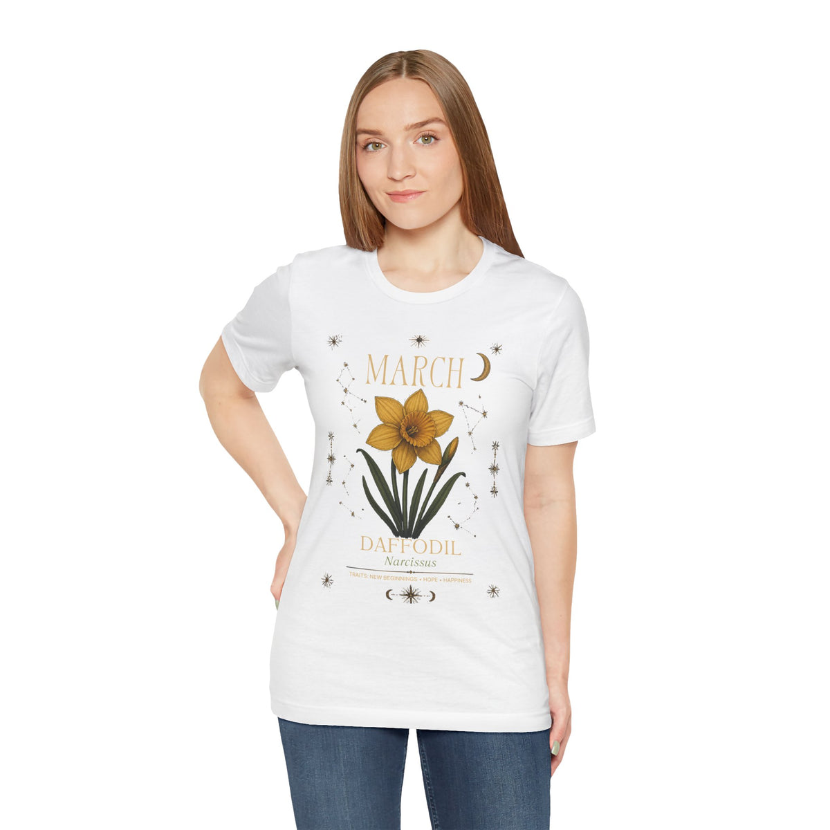 March Zodiac/Celestial aesthetics with birth flower — Birth Month Flower Tee