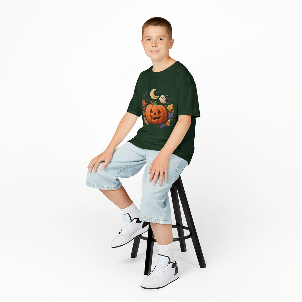 Jack-o'-Lantern Pumpkin Kids Tee | Halloween Ghosts, Bats, Moon, Autumn Leaves