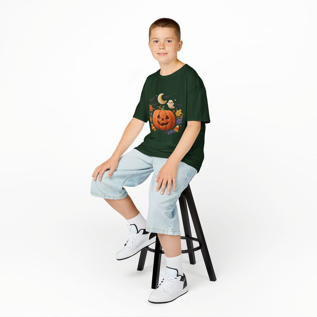 Jack-o'-Lantern Pumpkin Kids Tee | Halloween Ghosts, Bats, Moon, Autumn Leaves