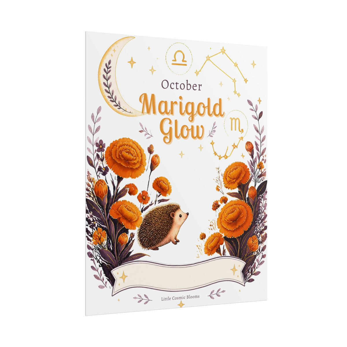 October Birth Flower, Marigold Glow Poster — Zodiac Libra/Hedgehog Wall Art
