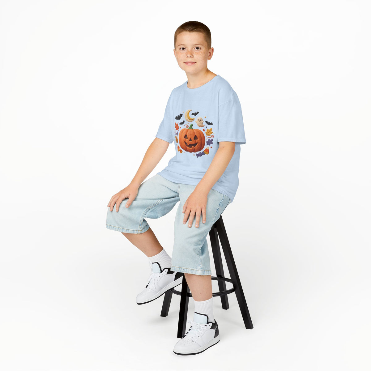 Jack-o'-Lantern Pumpkin Kids Tee | Halloween Ghosts, Bats, Moon, Autumn Leaves