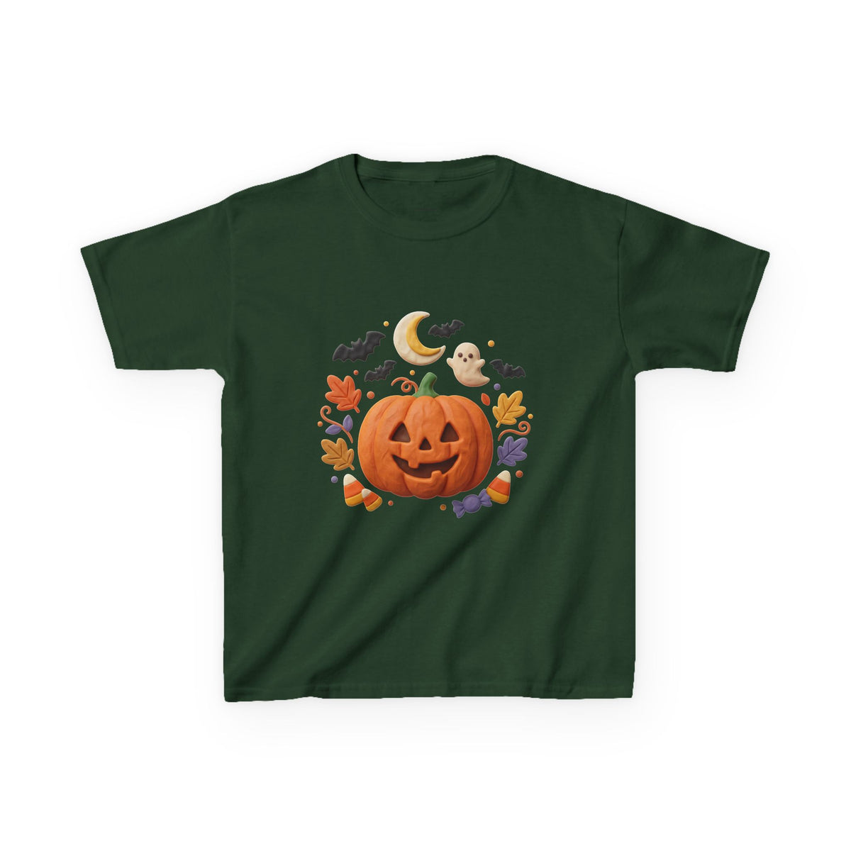 Jack-o'-Lantern Pumpkin Kids Tee | Halloween Ghosts, Bats, Moon, Autumn Leaves
