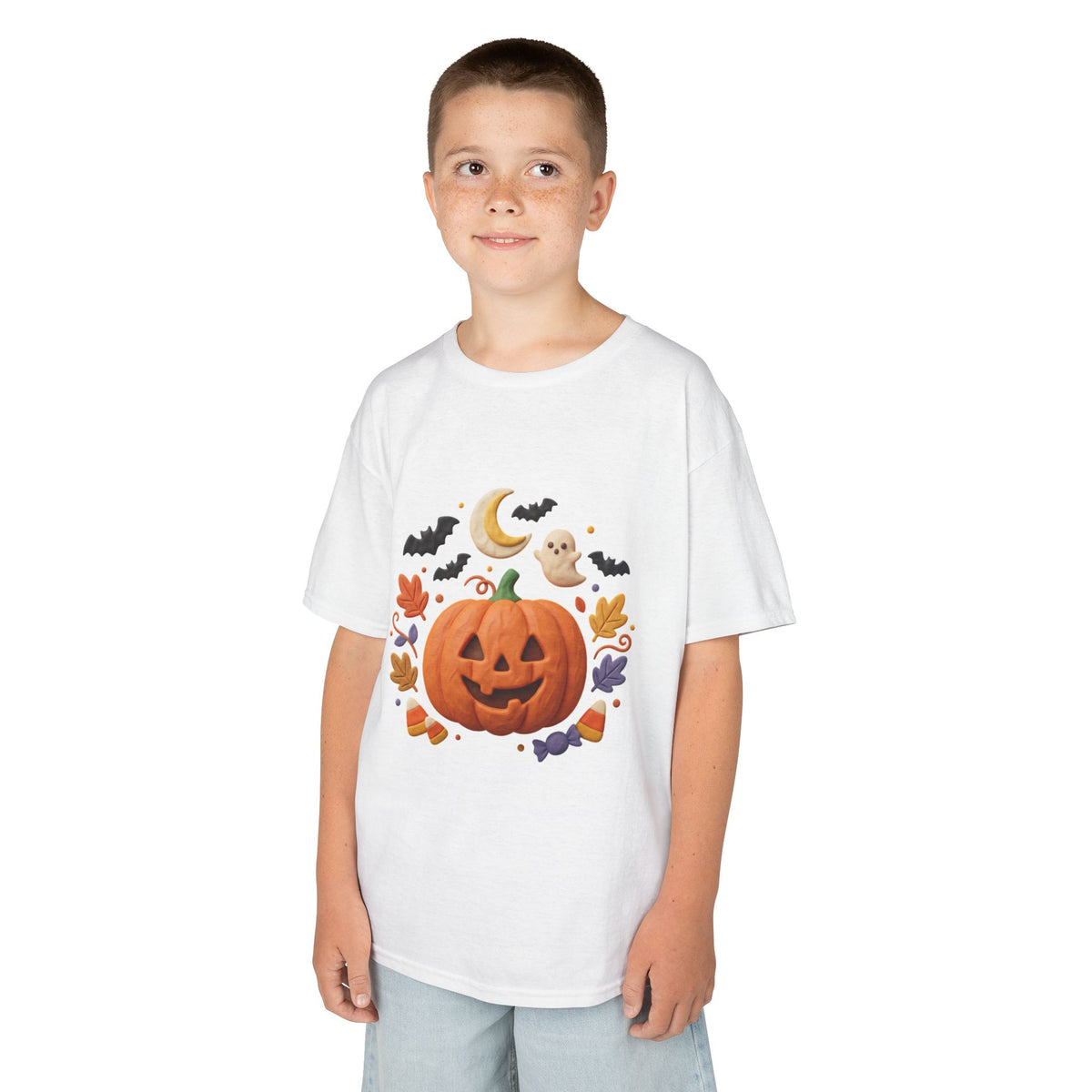 Jack-o'-Lantern Pumpkin Kids Tee | Halloween Ghosts, Bats, Moon, Autumn Leaves