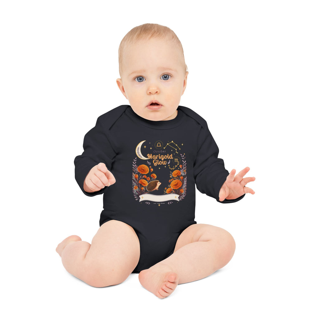 October Marigold Glow Organic Baby Bodysuit — Long‑Sleeve Floral Moon Design