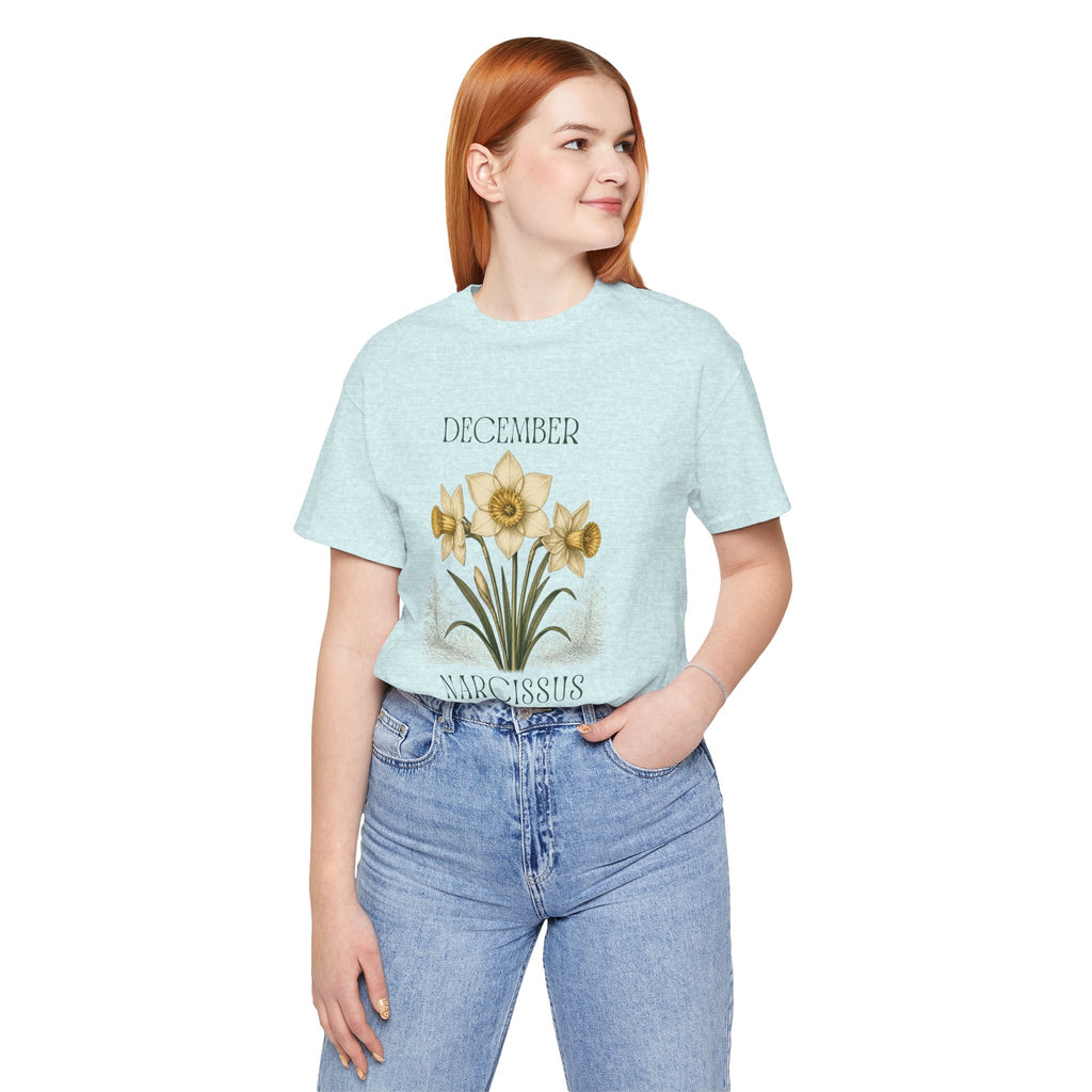 December Birth Flower Tee | Narcissus & Holly Celestial Design | Birthday Gift
