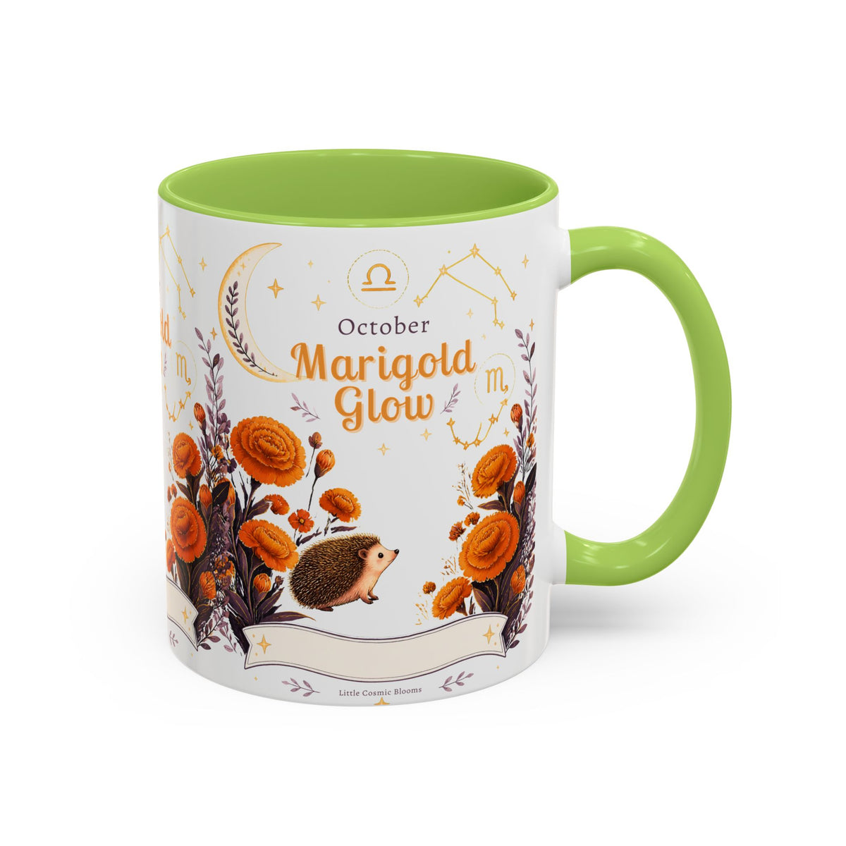 October Birth Flower Marigold Glow Accent Coffee Mug — Zodiac Libra Floral Hedgehog