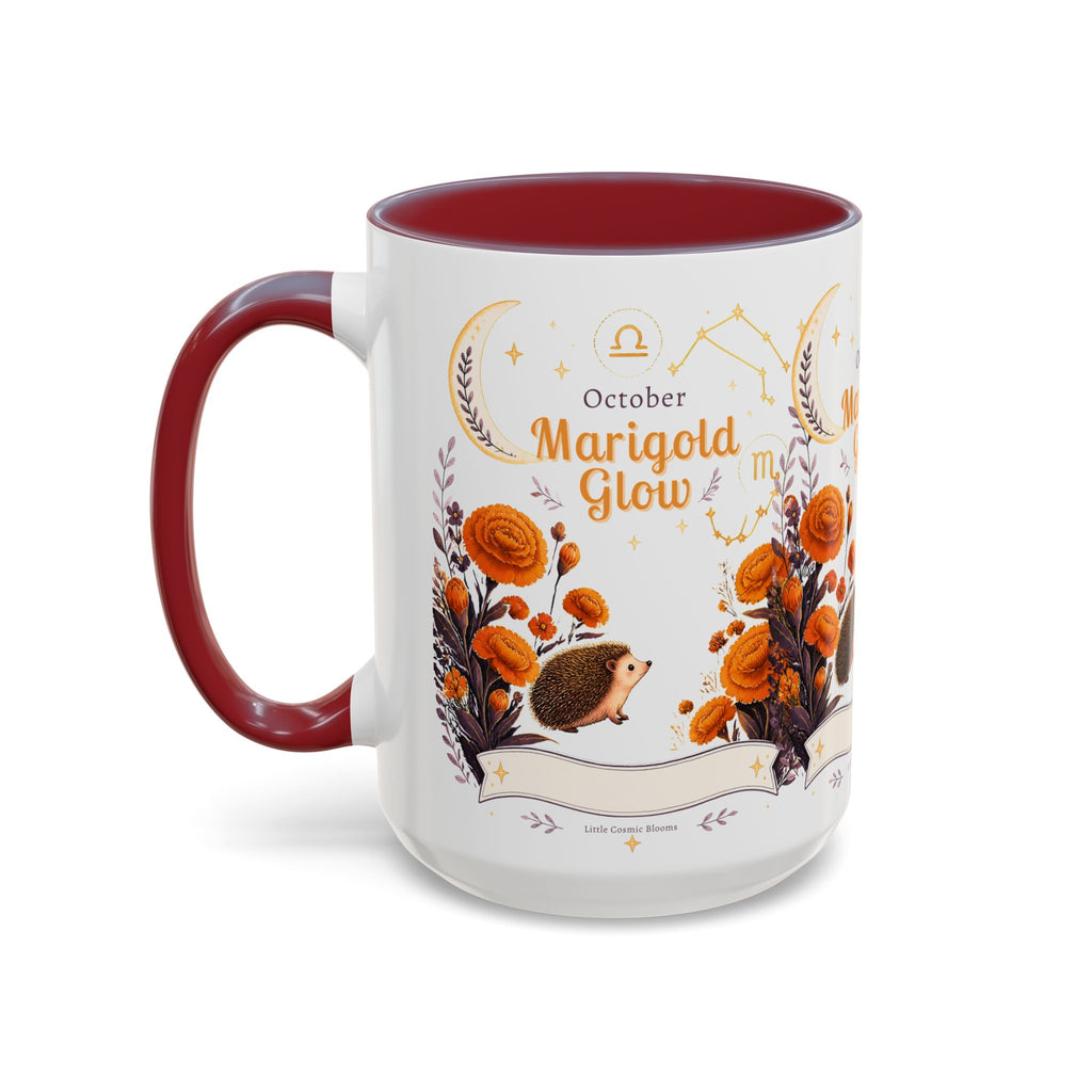 October Birth Flower Marigold Glow Accent Coffee Mug — Zodiac Libra Floral Hedgehog