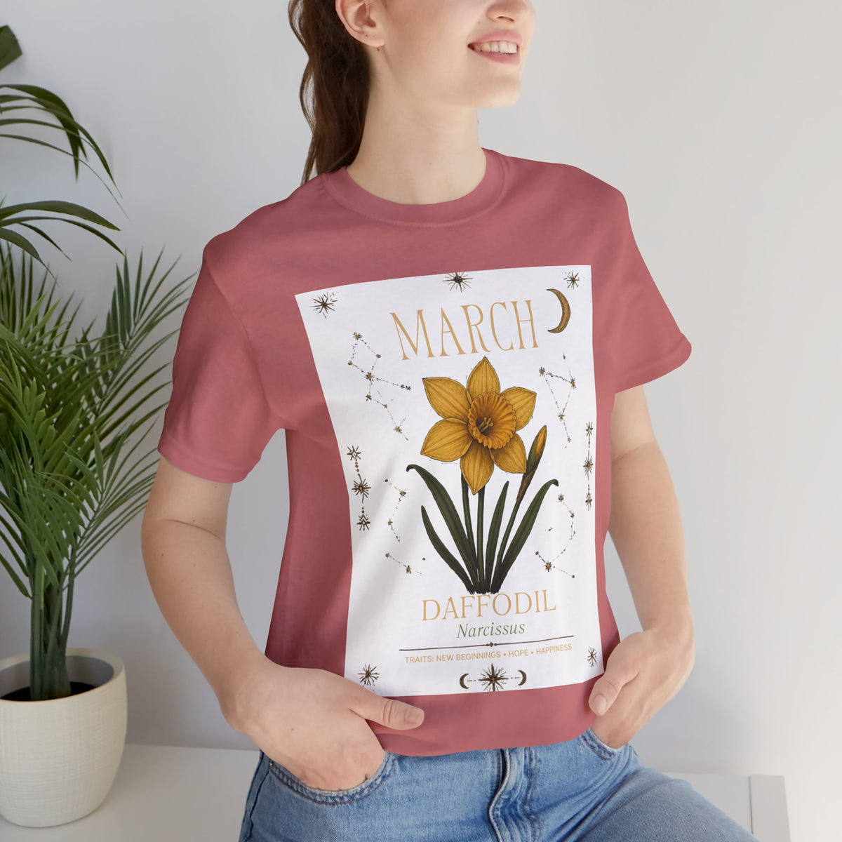 March Zodiac/Celestial aesthetics with birth flower — Birth Month Flower Tee