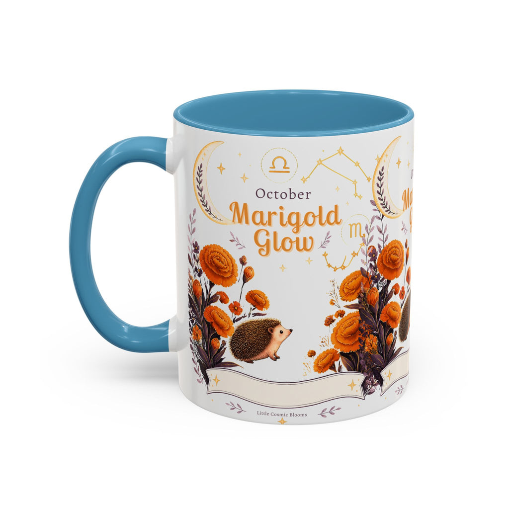 October Birth Flower Marigold Glow Accent Coffee Mug — Zodiac Libra Floral Hedgehog