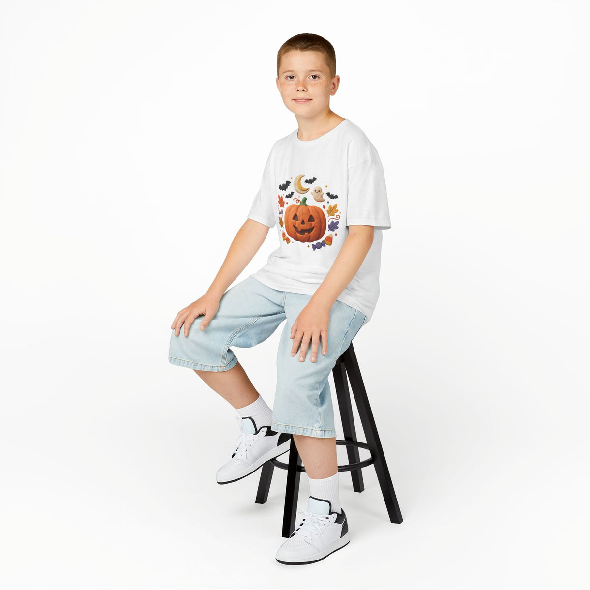 Jack-o'-Lantern Pumpkin Kids Tee | Halloween Ghosts, Bats, Moon, Autumn Leaves