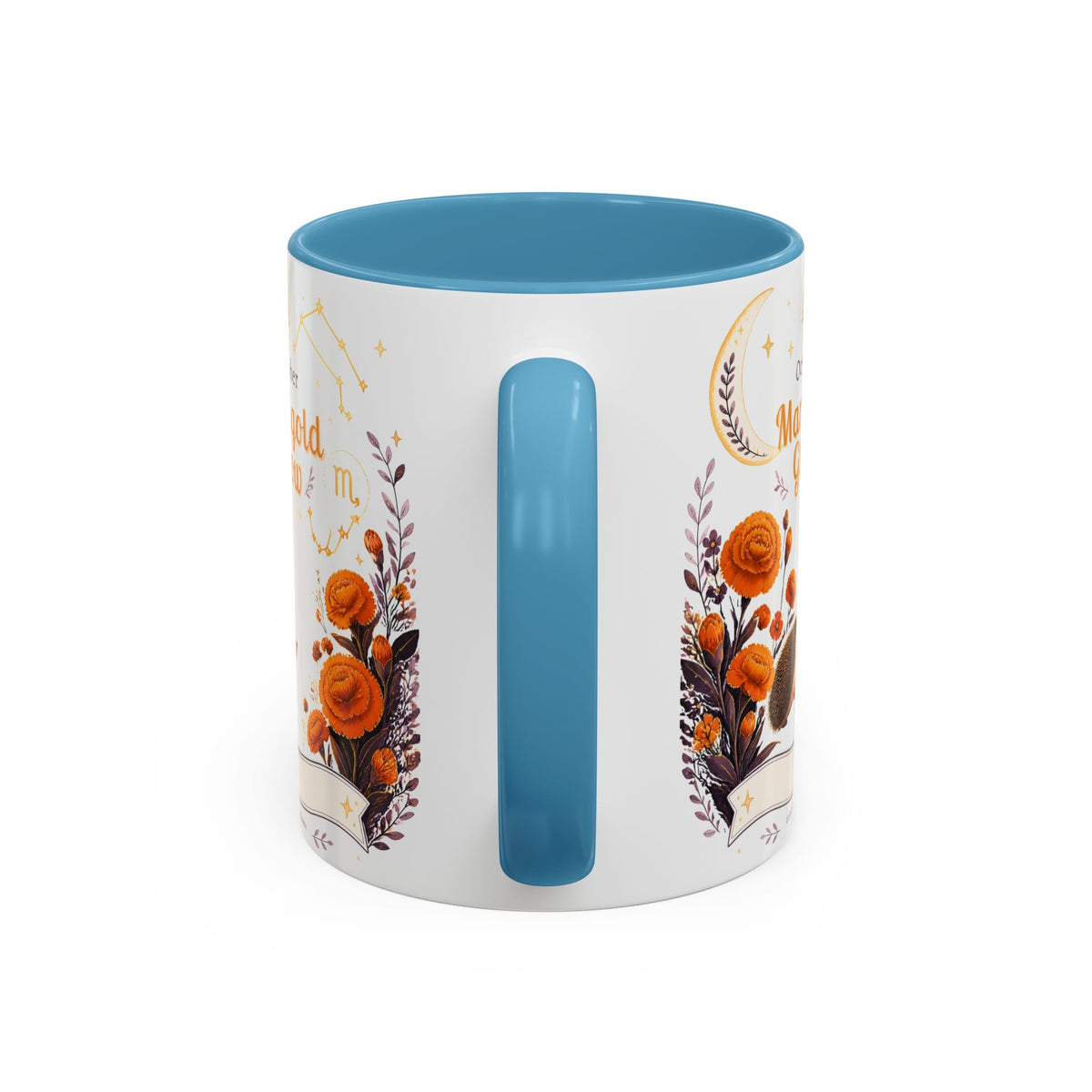 October Birth Flower Marigold Glow Accent Coffee Mug — Zodiac Libra Floral Hedgehog