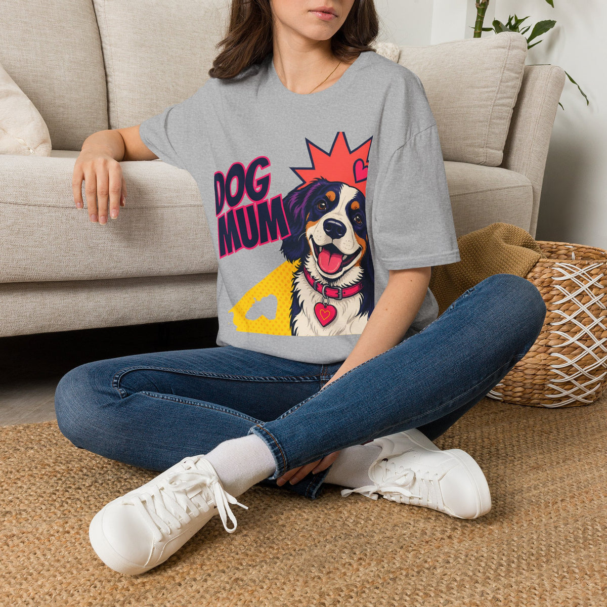 Dog Mum Pop Art T-Shirt | Happy Dog Portrait, Heart Collar