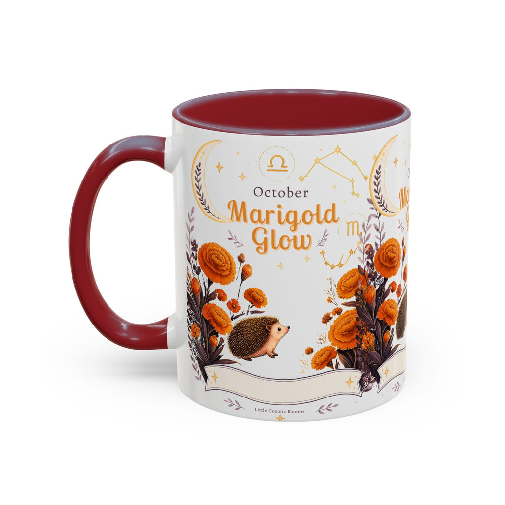 October Birth Flower Marigold Glow Accent Coffee Mug — Zodiac Libra Floral Hedgehog