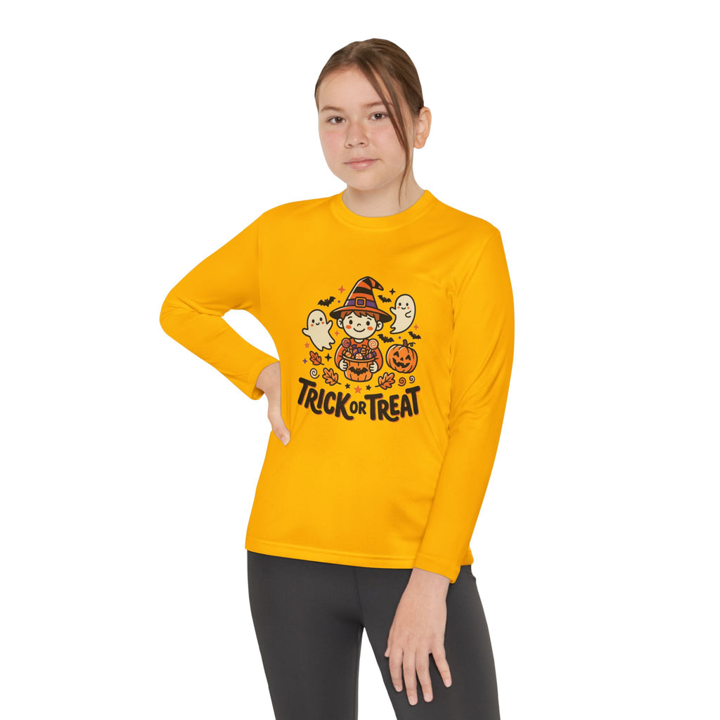 Trick or Treat Witch Kid Long Sleeve Shirt | Halloween Ghosts Pumpkins
