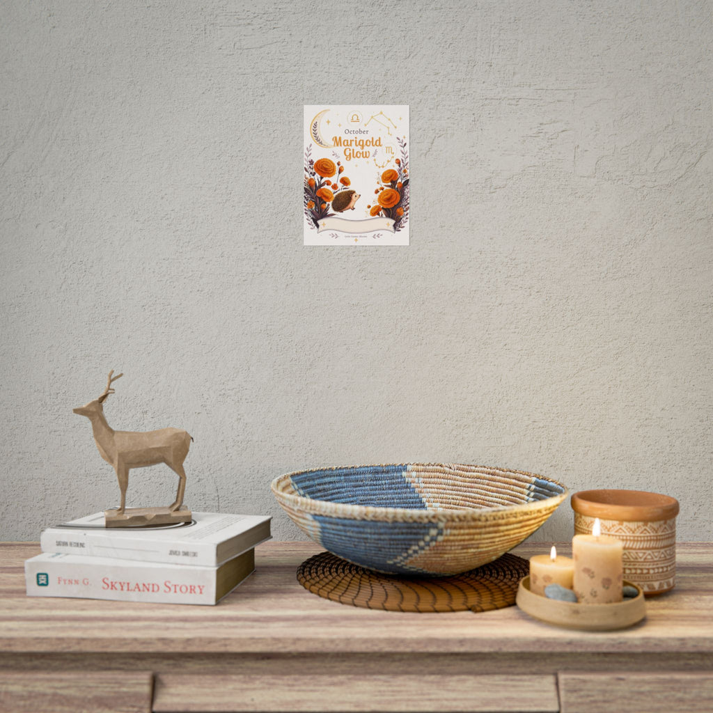October Birth Flower, Marigold Glow Poster — Zodiac Libra/Hedgehog Wall Art