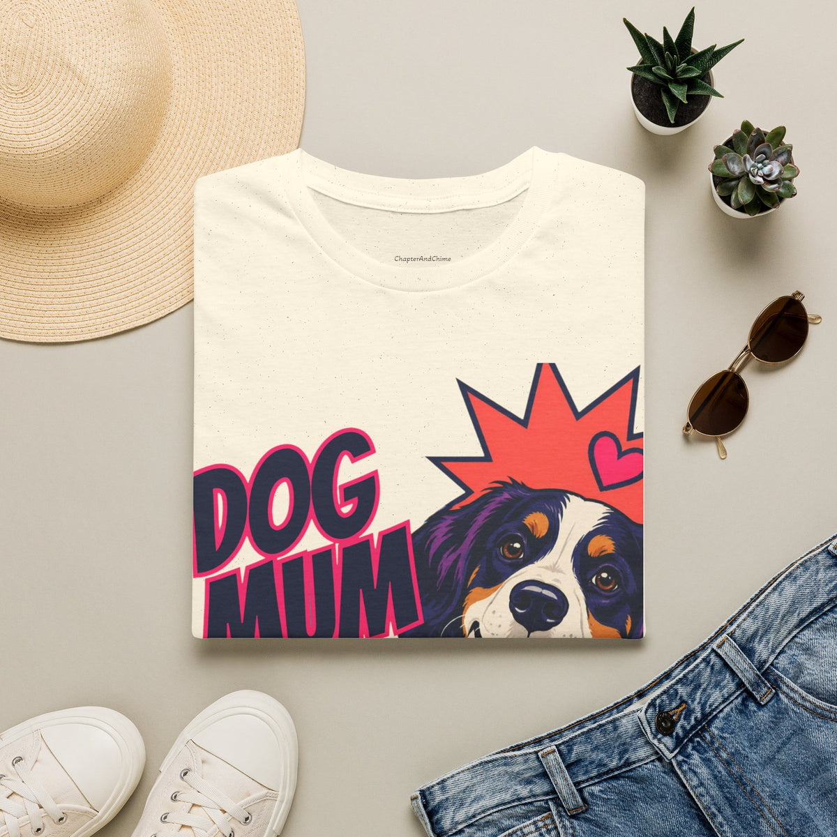Dog Mum Pop Art T-Shirt | Happy Dog Portrait, Heart Collar