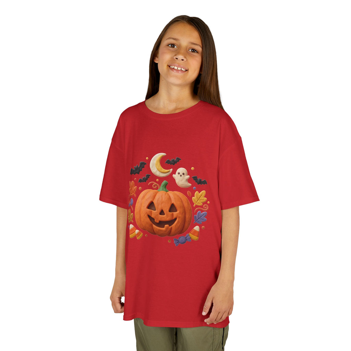 Jack-o'-Lantern Pumpkin Kids Tee | Halloween Ghosts, Bats, Moon, Autumn Leaves