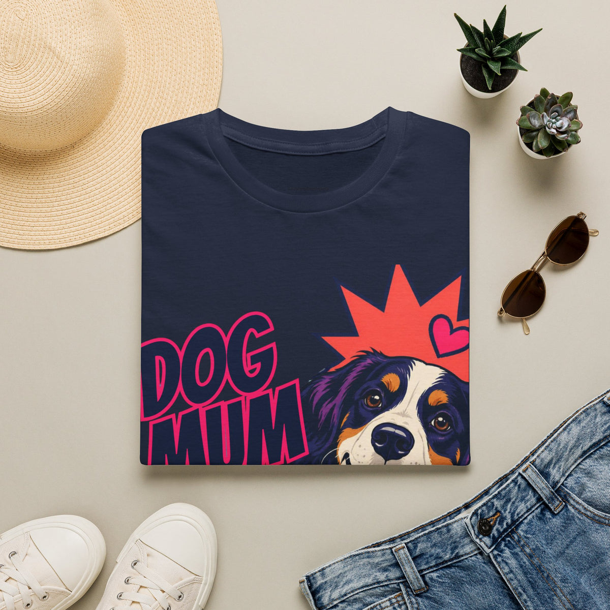 Dog Mum Pop Art T-Shirt | Happy Dog Portrait, Heart Collar