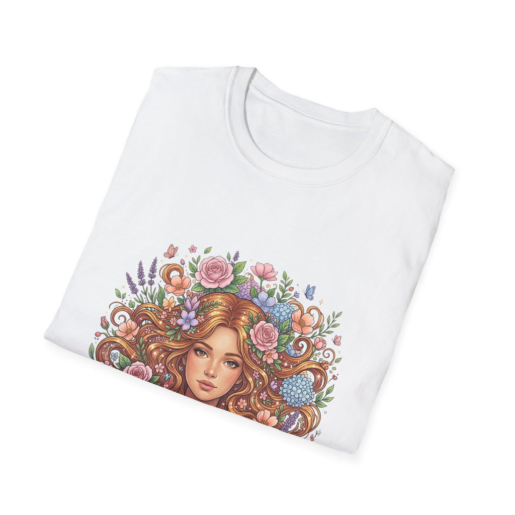 Floral Maiden T-Shirt — Vintage Boho Woman with Flowers Graphic