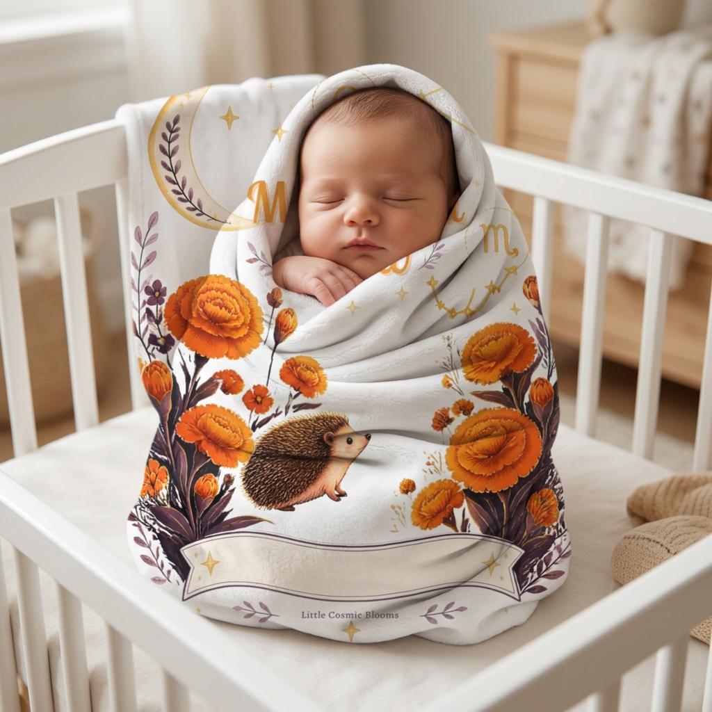 October Marigold Glow Baby Blanket — Zodiac Hedgehog Fleece