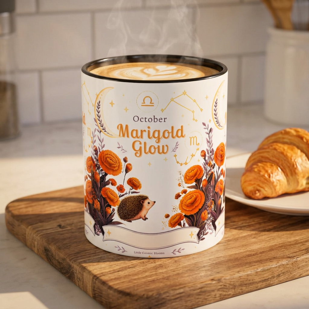 October Birth Flower Marigold Glow Accent Coffee Mug — Zodiac Libra Floral Hedgehog