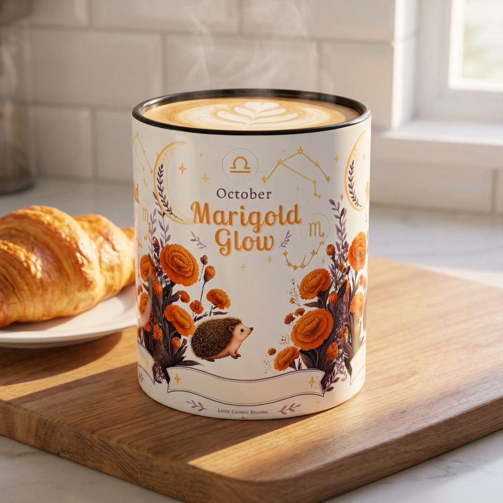 October Birth Flower Marigold Glow Accent Coffee Mug — Zodiac Libra Floral Hedgehog