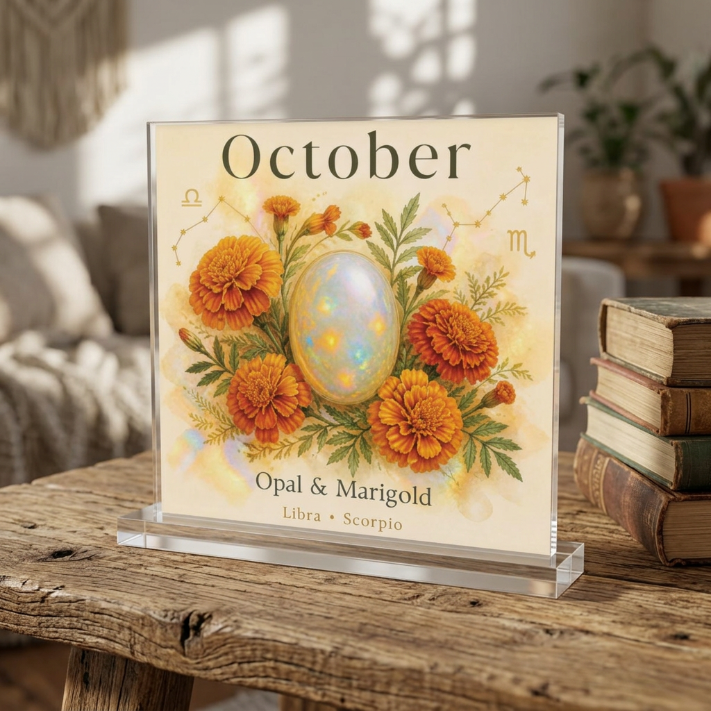 October Opal & Marigold Acrylic Block | Birth Flower & Birthstone Gift. October Opal & Marigold, Birthstone Floral Acrylic Table Sign