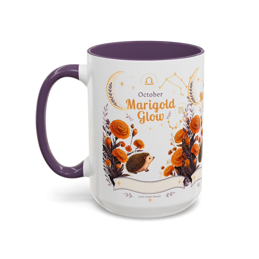 October Birth Flower Marigold Glow Accent Coffee Mug — Zodiac Libra Floral Hedgehog