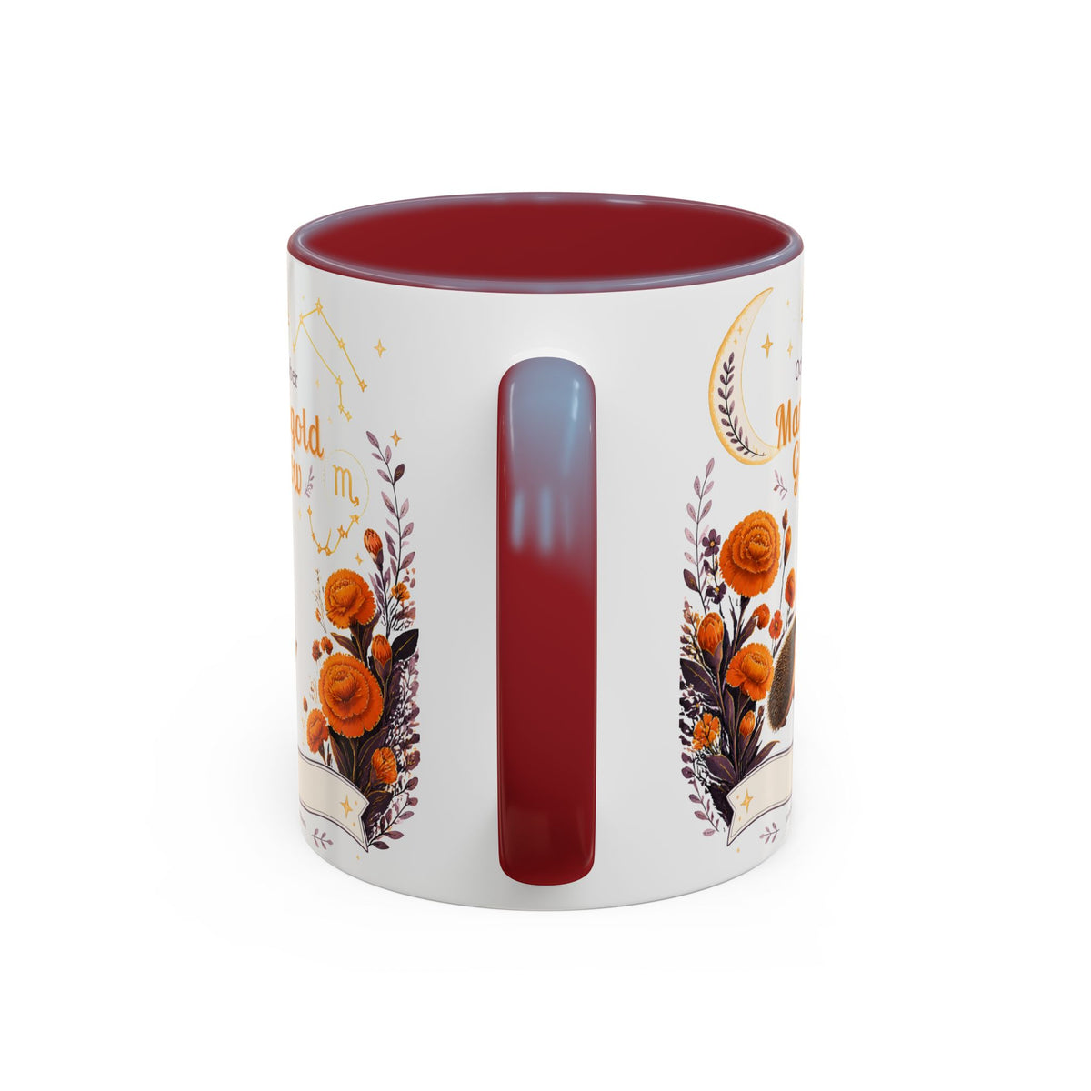 October Birth Flower Marigold Glow Accent Coffee Mug — Zodiac Libra Floral Hedgehog