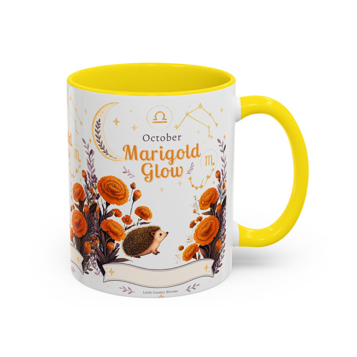 October Birth Flower Marigold Glow Accent Coffee Mug — Zodiac Libra Floral Hedgehog