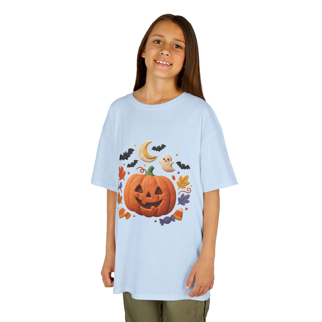 Jack-o'-Lantern Pumpkin Kids Tee | Halloween Ghosts, Bats, Moon, Autumn Leaves