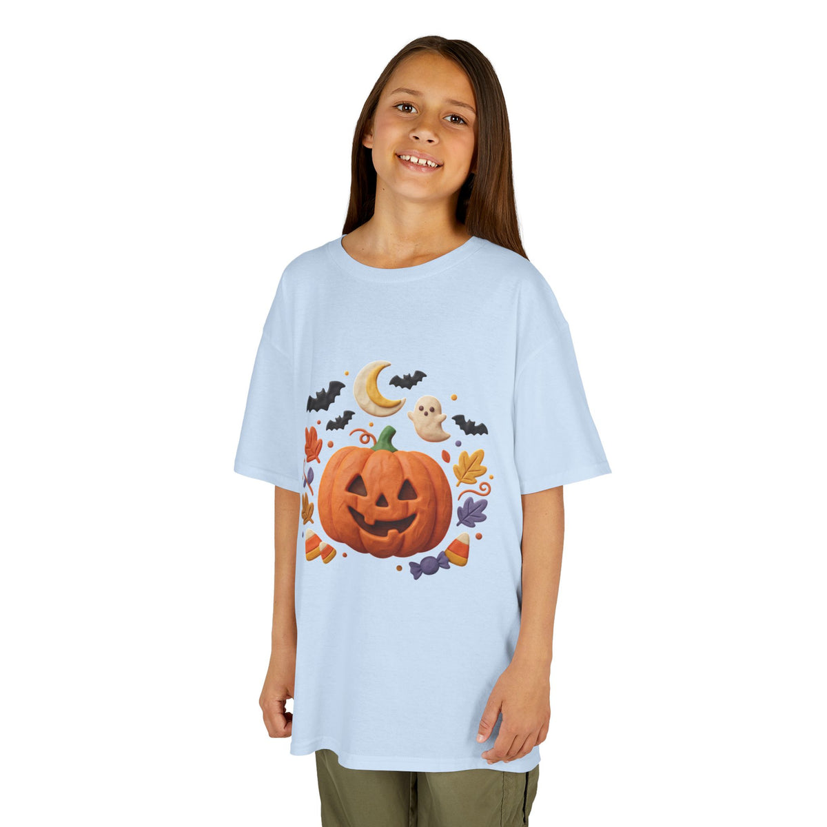 Jack-o'-Lantern Pumpkin Kids Tee | Halloween Ghosts, Bats, Moon, Autumn Leaves