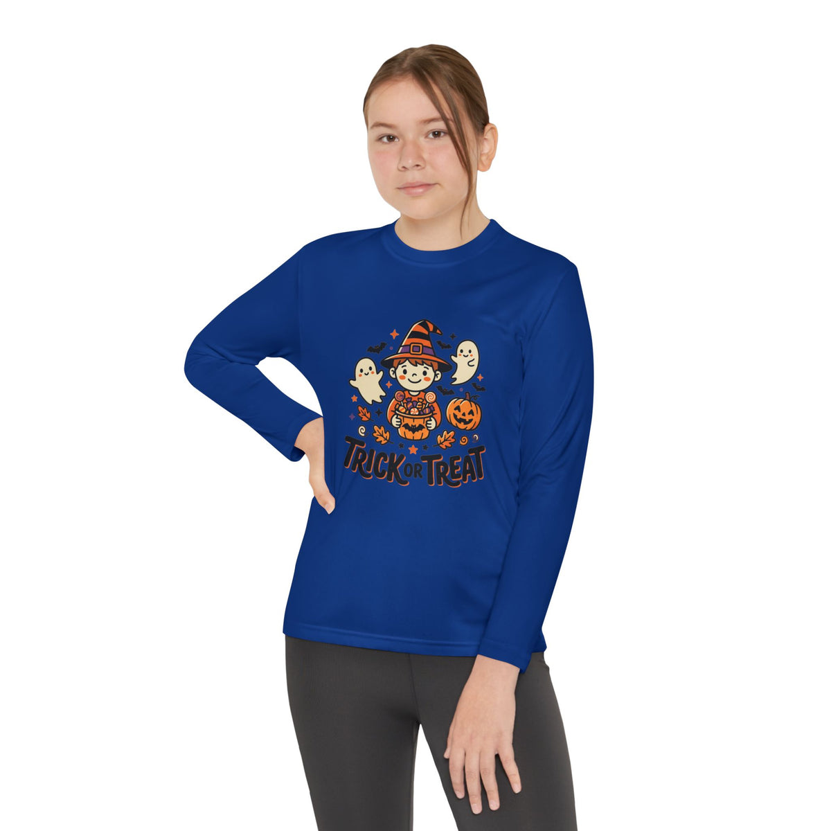 Trick or Treat Witch Kid Long Sleeve Shirt | Halloween Ghosts Pumpkins