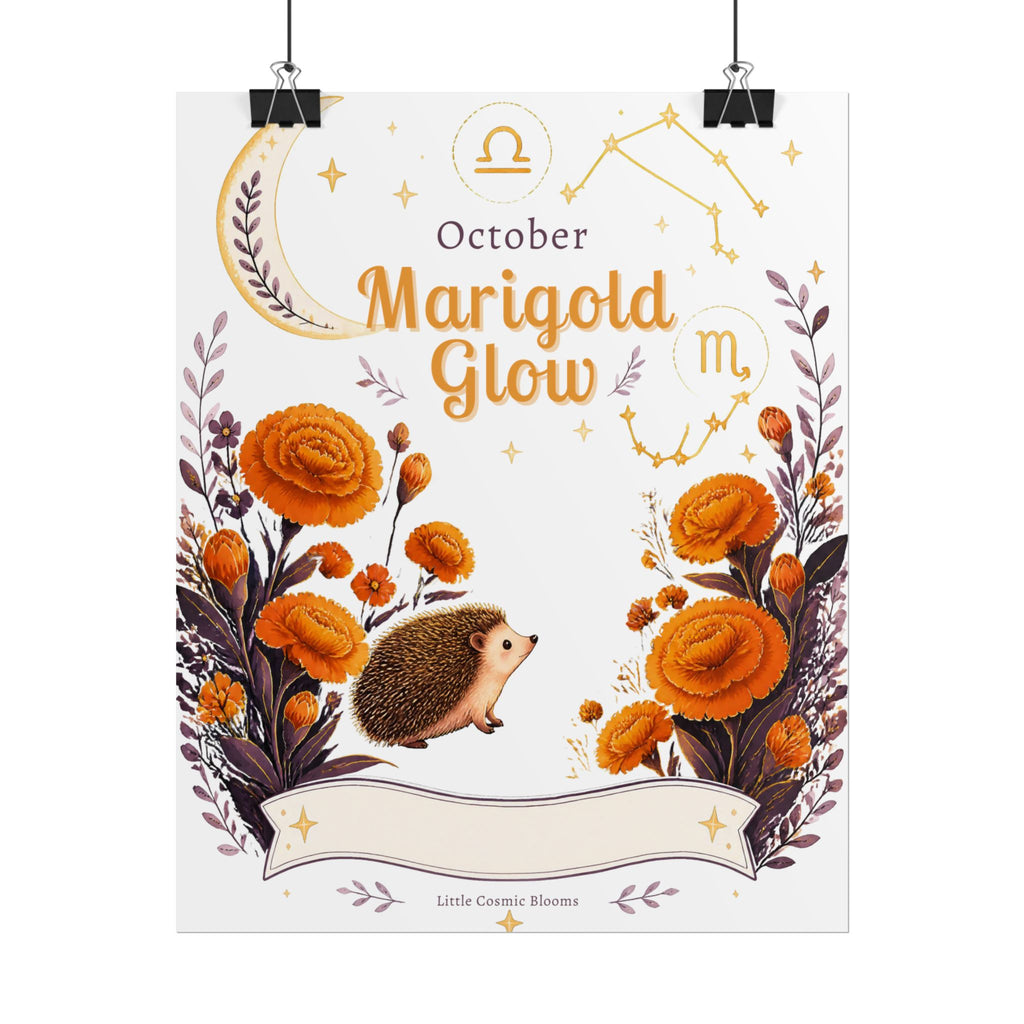 October Birth Flower, Marigold Glow Poster — Zodiac Libra/Hedgehog Wall Art