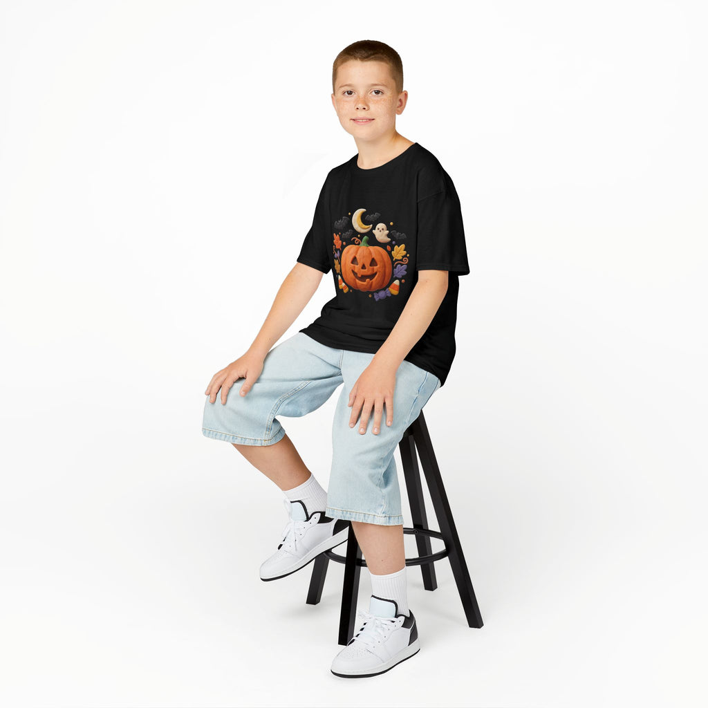 Jack-o'-Lantern Pumpkin Kids Tee | Halloween Ghosts, Bats, Moon, Autumn Leaves
