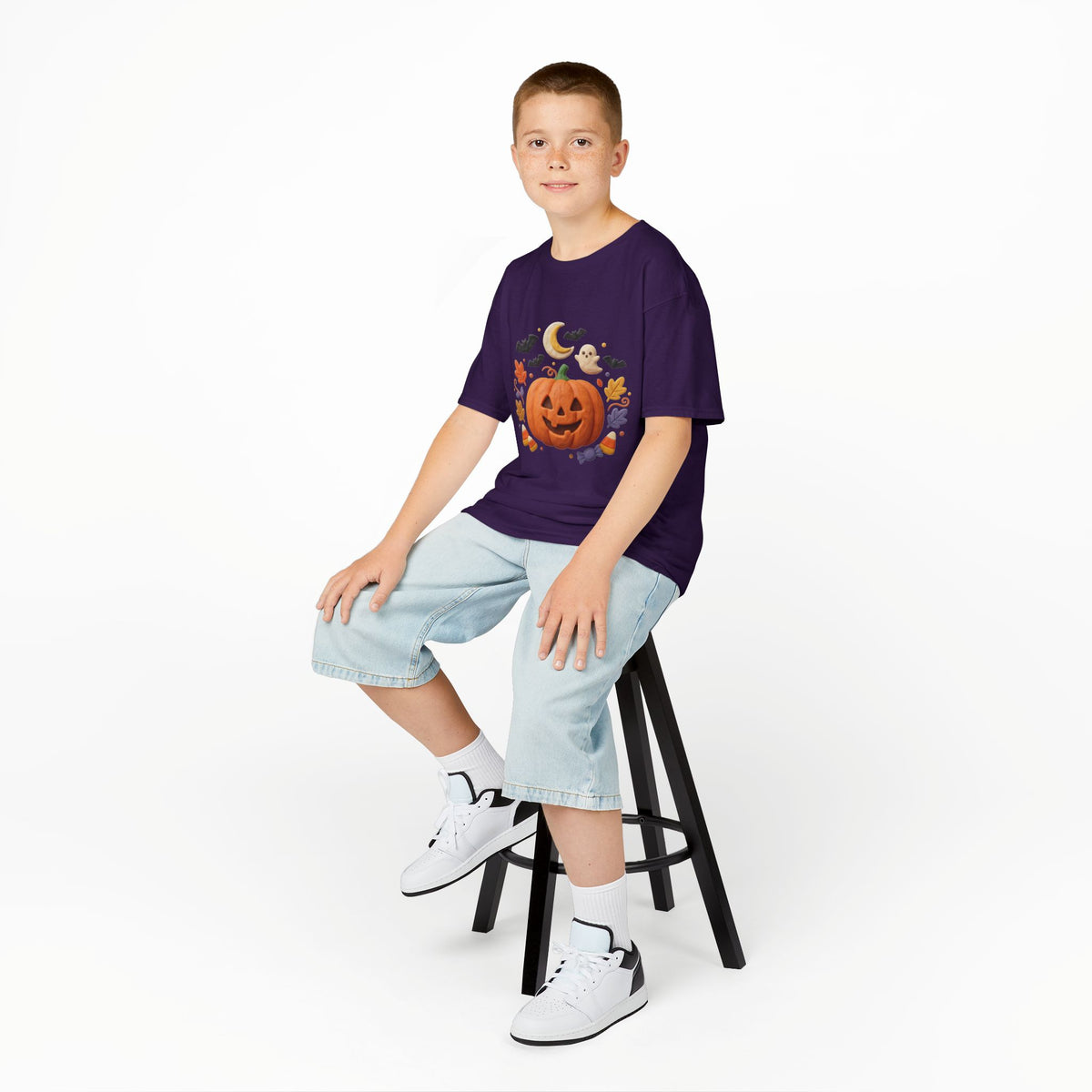 Jack-o'-Lantern Pumpkin Kids Tee | Halloween Ghosts, Bats, Moon, Autumn Leaves