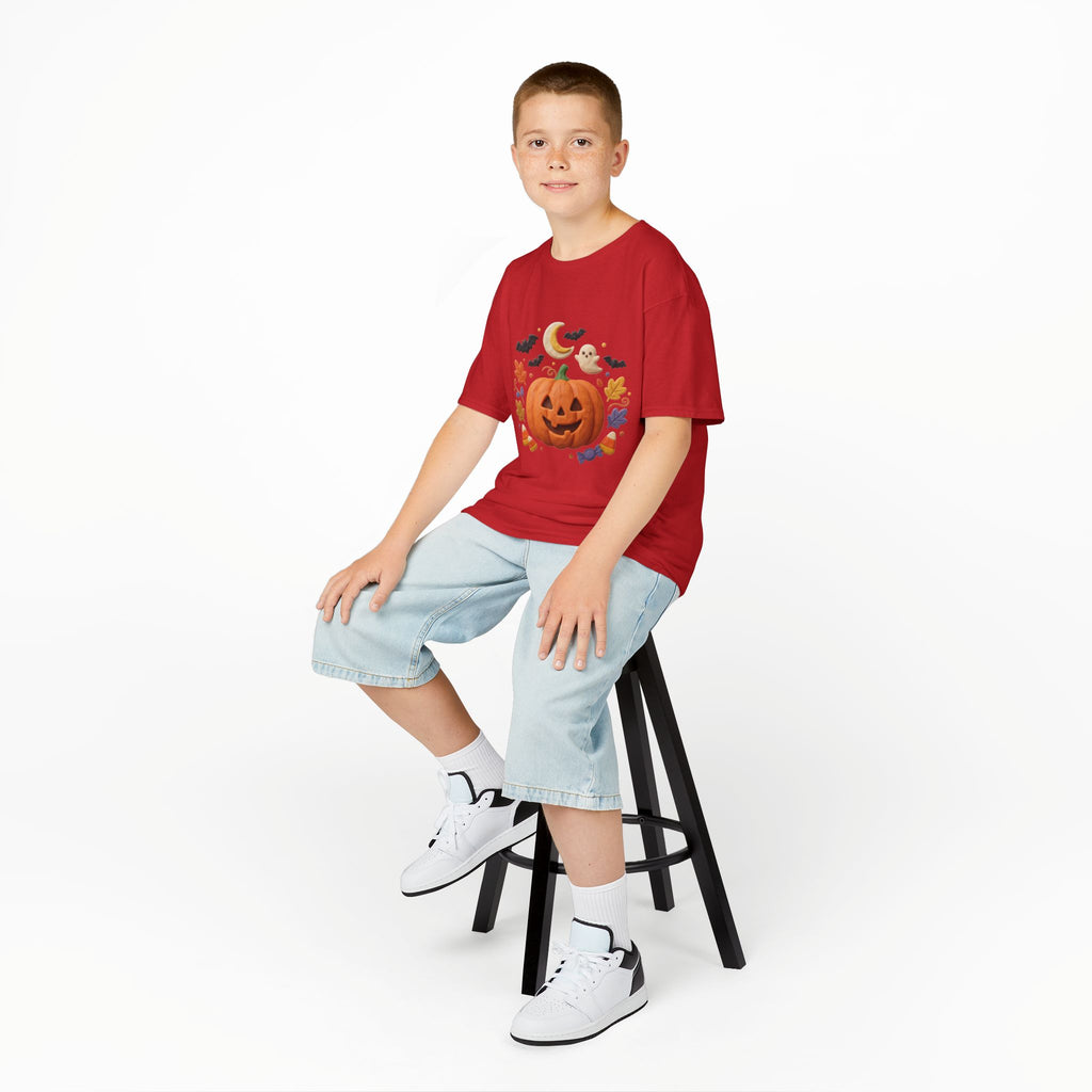 Jack-o'-Lantern Pumpkin Kids Tee | Halloween Ghosts, Bats, Moon, Autumn Leaves