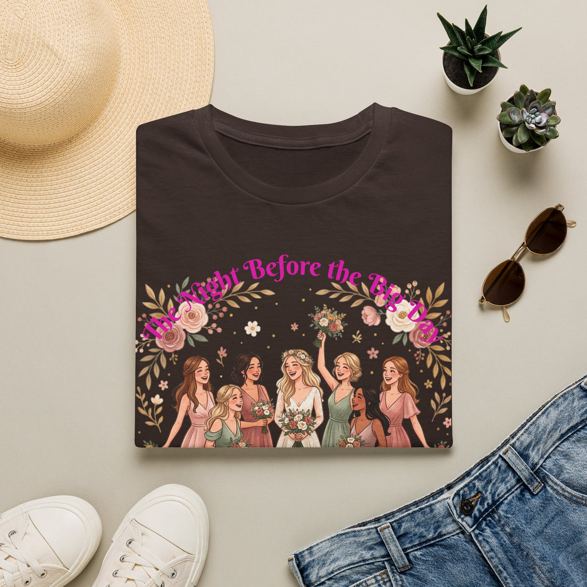 Bride and Bridesmaids Illustration T-Shirt | Floral Wedding Bridal Party Design