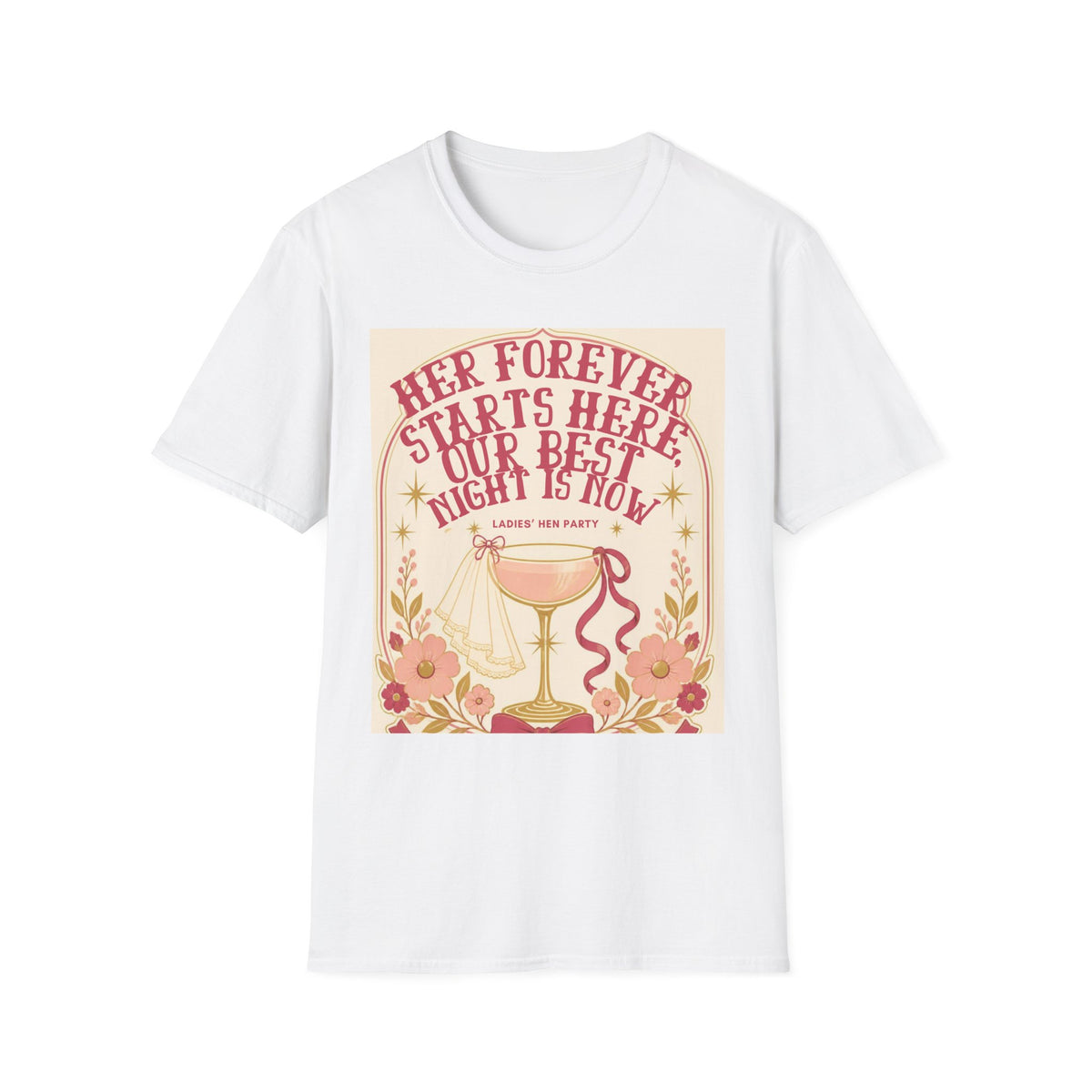 Her Forever Starts Here Champagne Glass T-Shirt | Bachelorette Party Tee